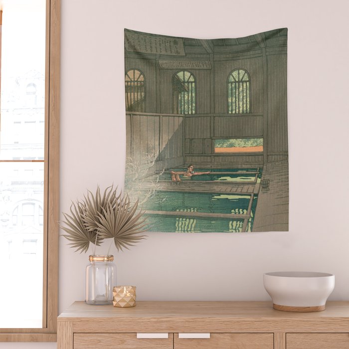 Hoshi Onsen Hot Spa - Vintage Japanese Woodblock Print Art By Hasui Kawase Wall Tapestry Gallery Image 2