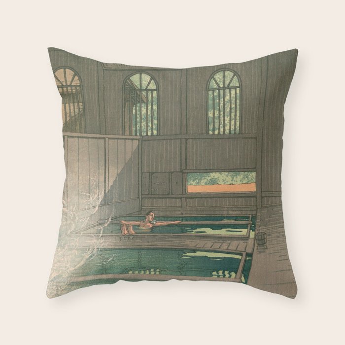 Hoshi Onsen Hot Spa - Vintage Japanese Woodblock Print Art By Hasui Kawase Throw Pillow Gallery Image 1