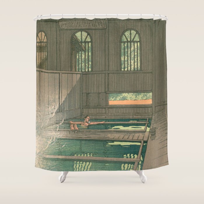Hoshi Onsen Hot Spa - Vintage Japanese Woodblock Print Art By Hasui Kawase Shower Curtain Gallery Image 1