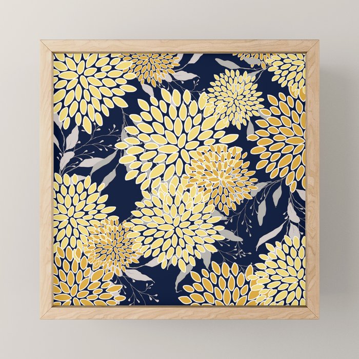 Floral Leaves and Blooms, Yellow and Navy Blue Mini Art Print Gallery Image 1