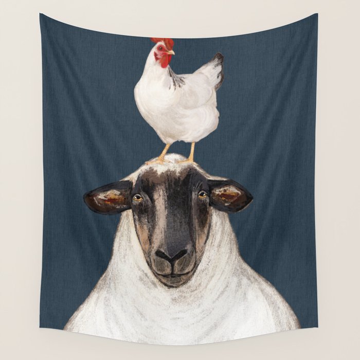 Chicken and Sheep Navy  Wall Tapestry Gallery Image 4