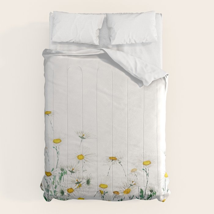 white margaret daisy horizontal watercolor painting Comforter Gallery Image 1