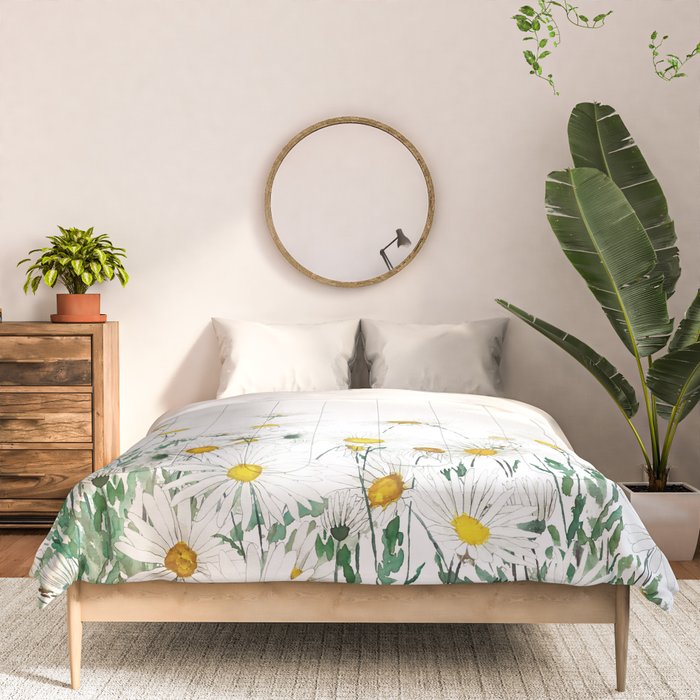 white margaret daisy horizontal watercolor painting Comforter Gallery Image 3