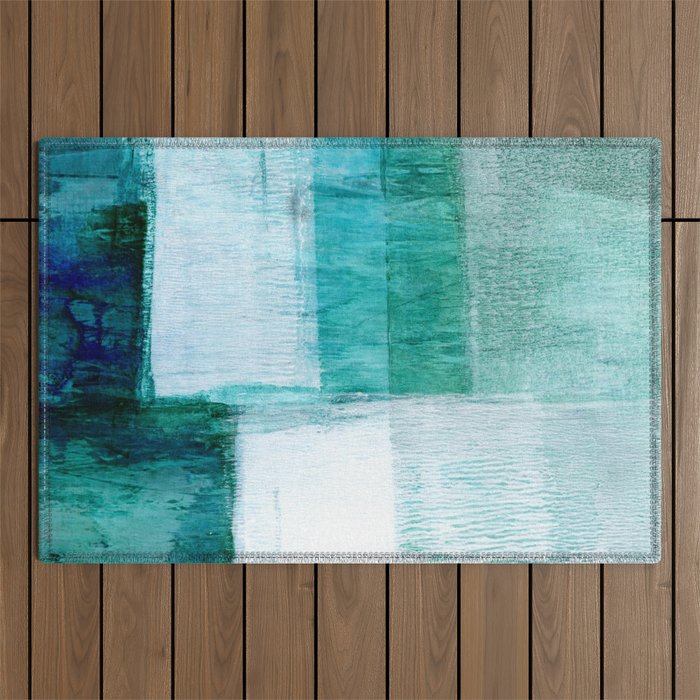 Aqua Blue Geometric Abstract Textured Painting Outdoor Rug Gallery Image 1