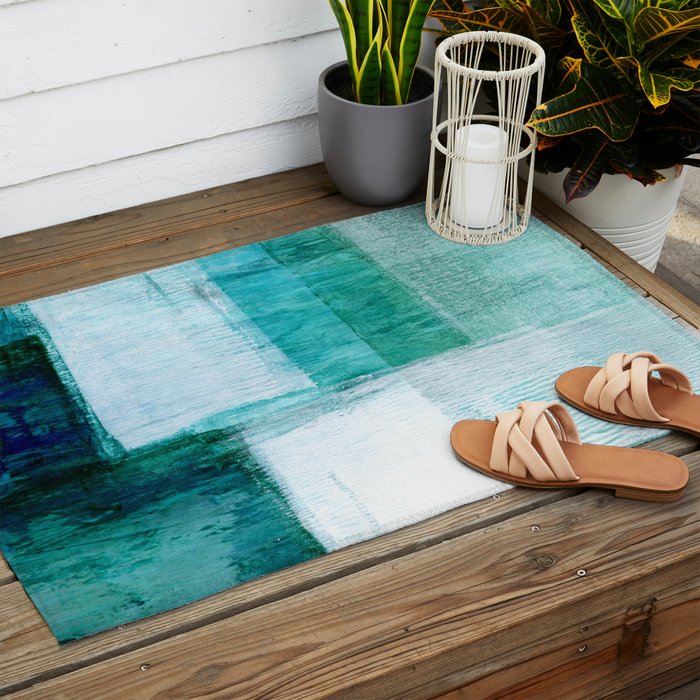 Aqua Blue Geometric Abstract Textured Painting Outdoor Rug Gallery Image 2