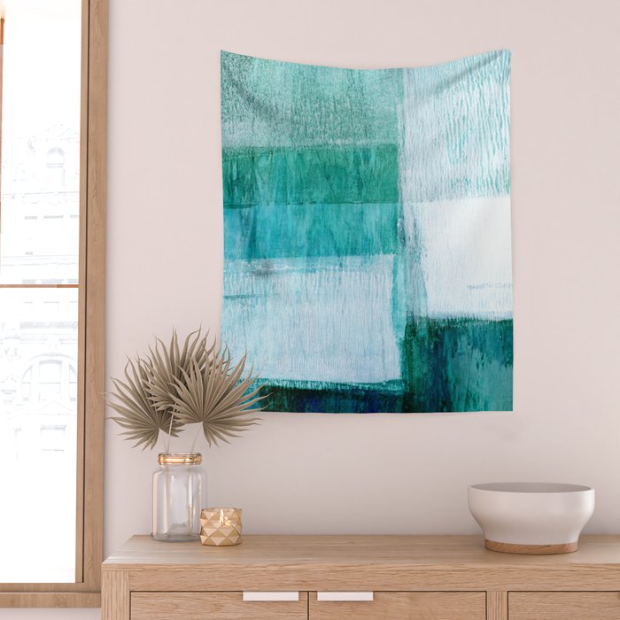 Aqua Blue Geometric Abstract Textured Painting Wall Tapestry Gallery Image 2