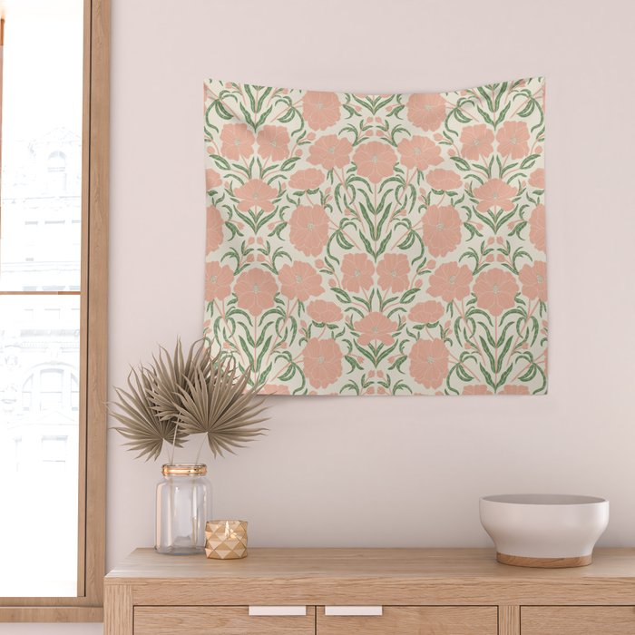 Pastel Peach Peonies - Retro botanical Wall Tapestry Gallery Image 2
