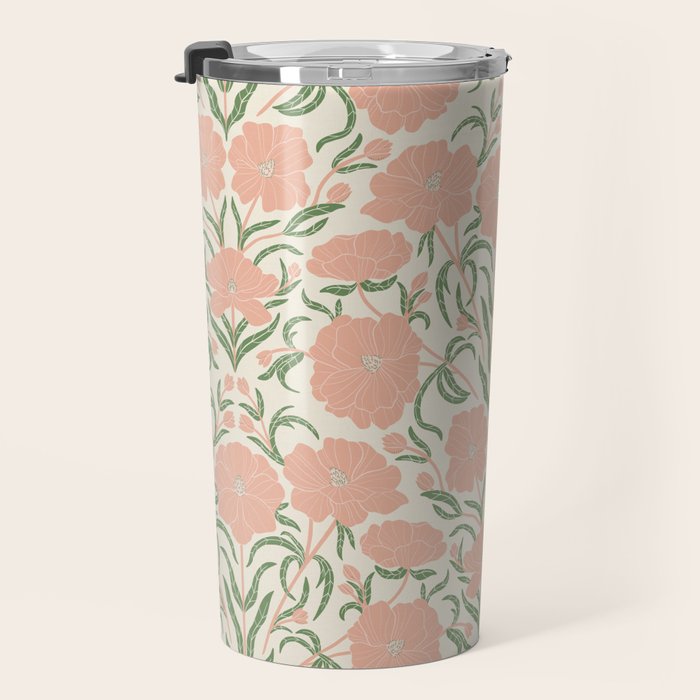 Pastel Peach Peonies - Retro botanical Travel Mug Gallery Image 3