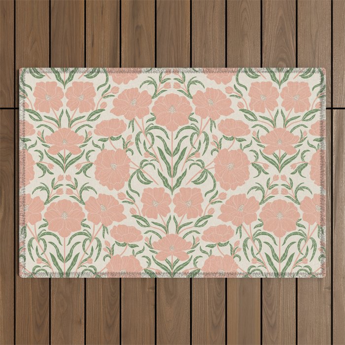 Pastel Peach Peonies - Retro botanical Outdoor Rug Gallery Image 1