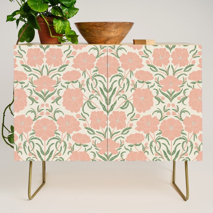 Pastel Peach Peonies - Retro botanical Credenza Gallery Image 1