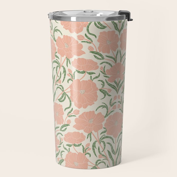 Pastel Peach Peonies - Retro botanical Travel Mug Gallery Image 2
