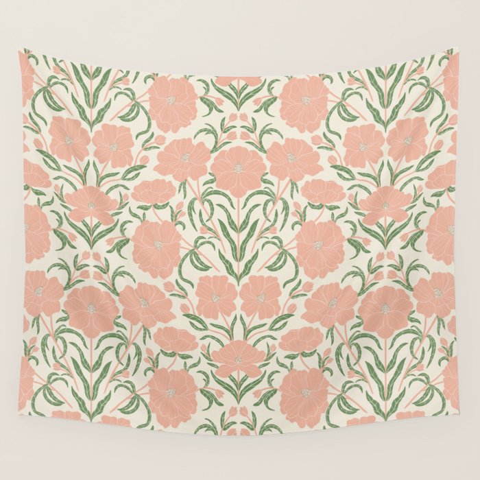 Pastel Peach Peonies - Retro botanical Wall Tapestry