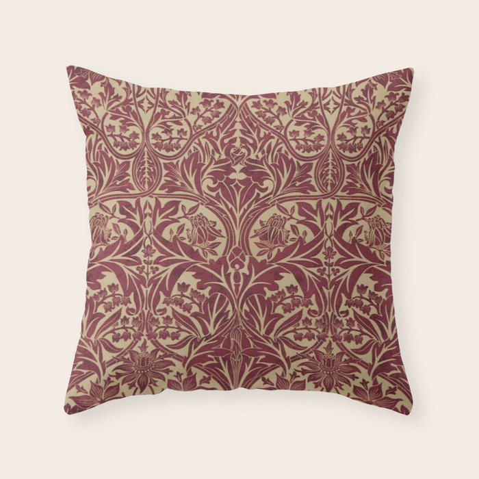 William Morris Vintage Bluebell Claret Red Gold Throw Pillow Gallery Image 6