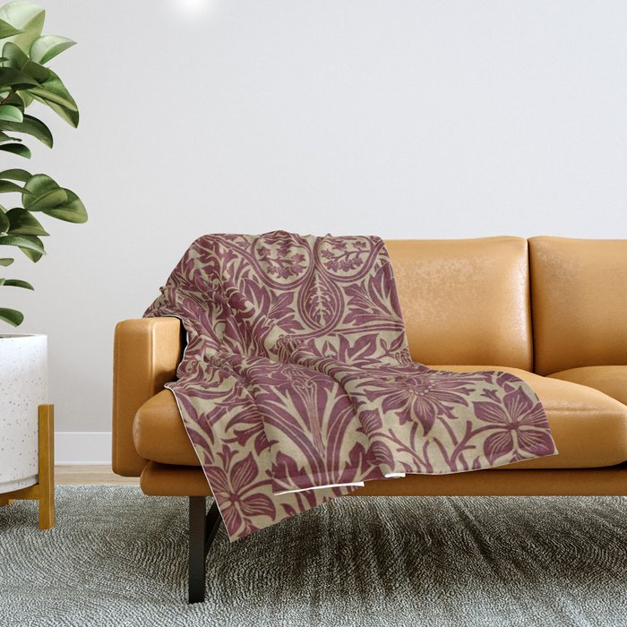 William Morris Vintage Bluebell Claret Red Gold Throw Blanket Gallery Image 1