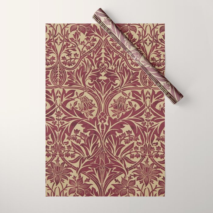 William Morris Vintage Bluebell Claret Red Gold Wrapping Paper Gallery Image 1