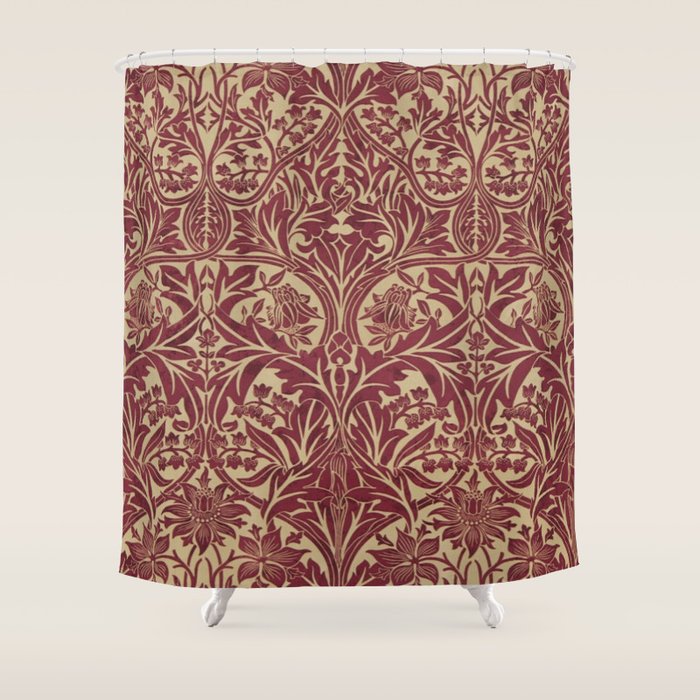 William Morris Vintage Bluebell Claret Red Gold Shower Curtain Gallery Image 1
