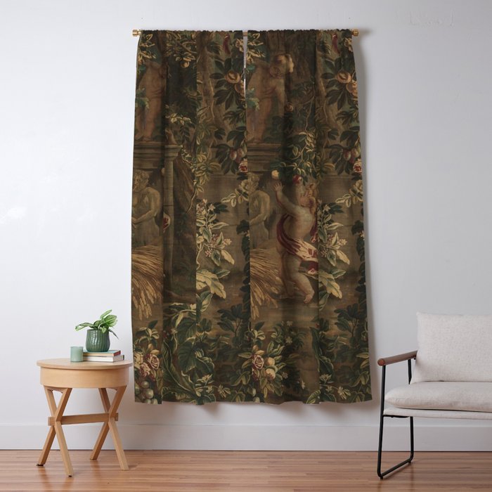 Antique 18th Century Cherub Rose Garden Tapestry Window Curtain Gallery Image 1