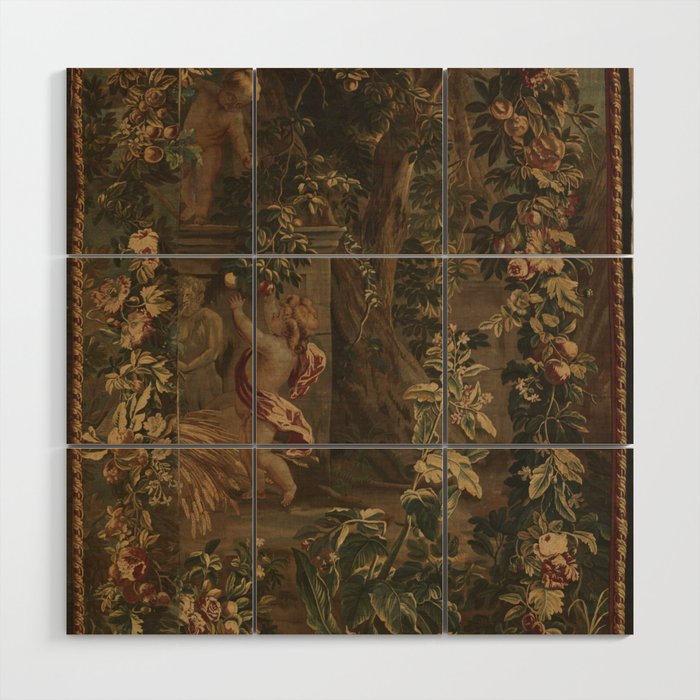 Antique 18th Century Cherub Rose Garden Tapestry Wood Wall Art Gallery Image 1