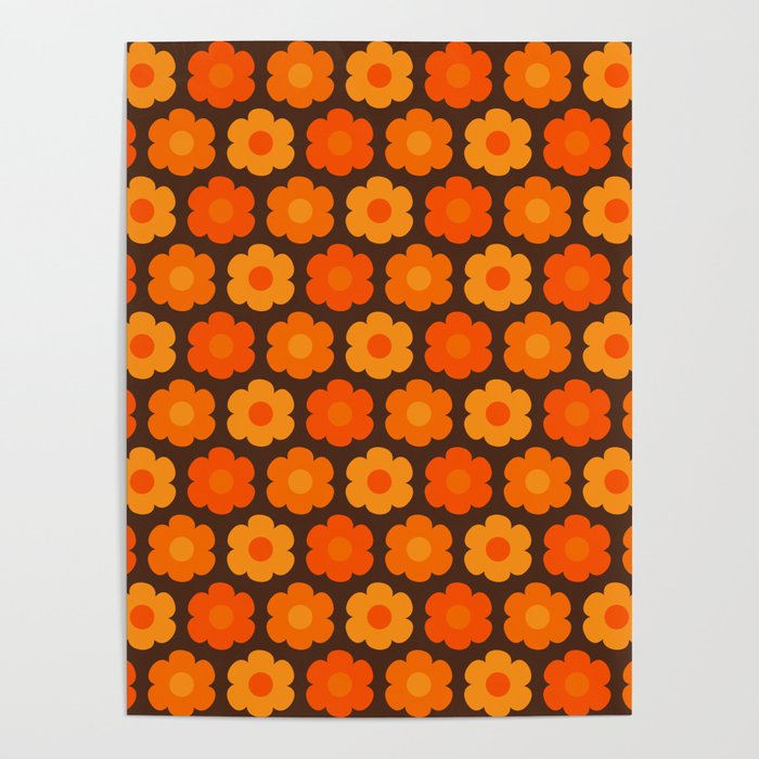 Such Cute Flowers Retro Floral Pattern in 70s Orange and Brown  Poster Gallery Image 4