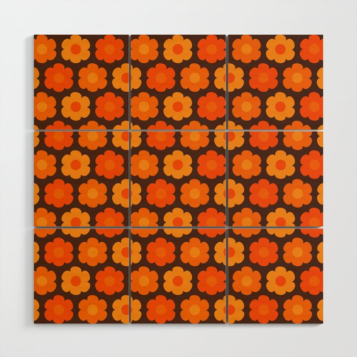 Such Cute Flowers Retro Floral Pattern in 70s Orange and Brown  Wood Wall Art Gallery Image 1