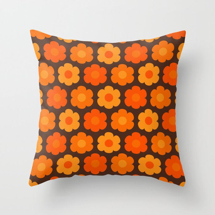 Such Cute Flowers Retro Floral Pattern in 70s Orange and Brown  Throw Pillow Gallery Image 6