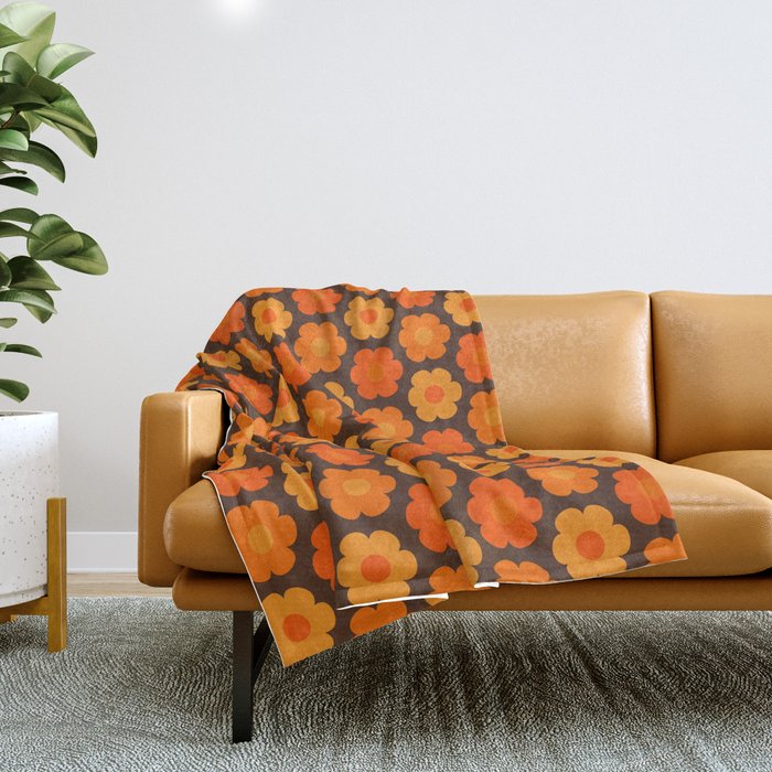 Such Cute Flowers Retro Floral Pattern in 70s Orange and Brown  Throw Blanket Gallery Image 1