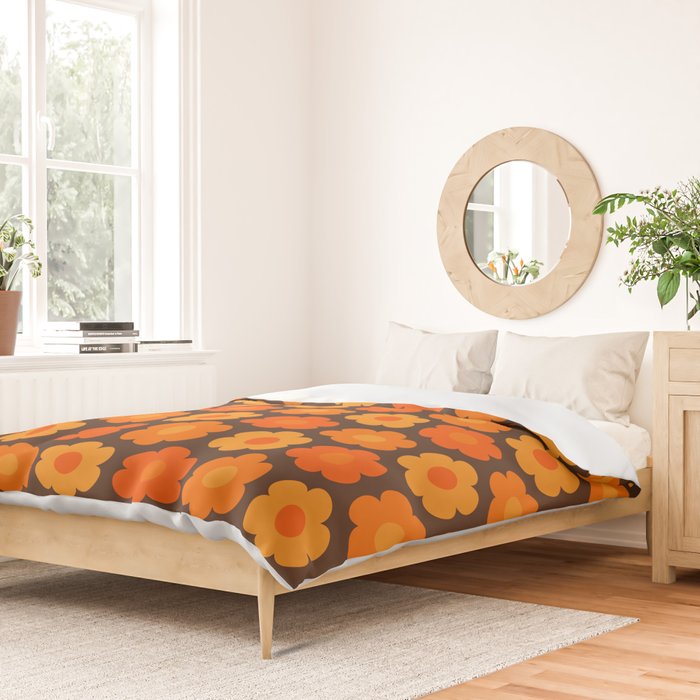 Such Cute Flowers Retro Floral Pattern in 70s Orange and Brown  Duvet Cover Gallery Image 2
