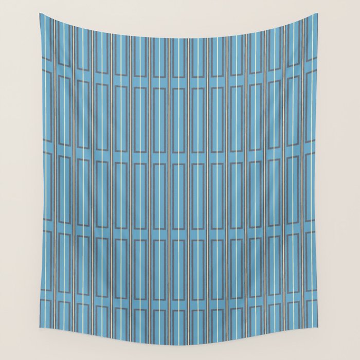 Eclectic Geometric Minimalist Geo Box Striped Pattern in Bold Blue Brown Cream Wall Tapestry Gallery Image 4
