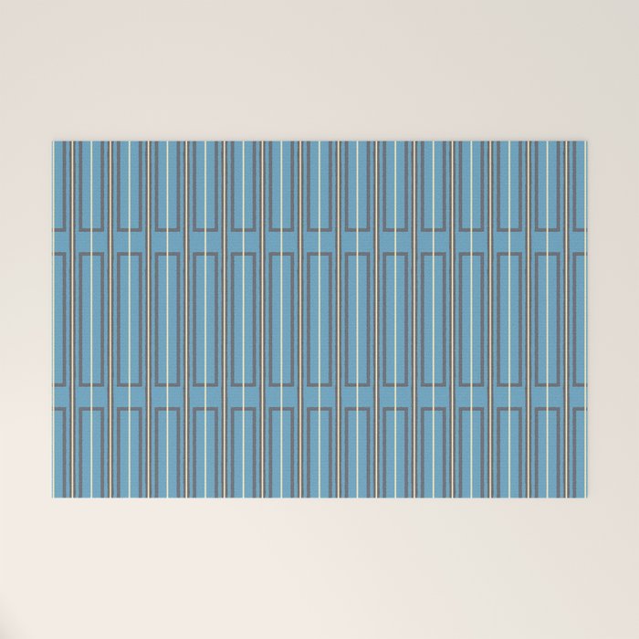 Eclectic Geometric Minimalist Geo Box Striped Pattern in Bold Blue Brown Cream Welcome Mat Gallery Image 1