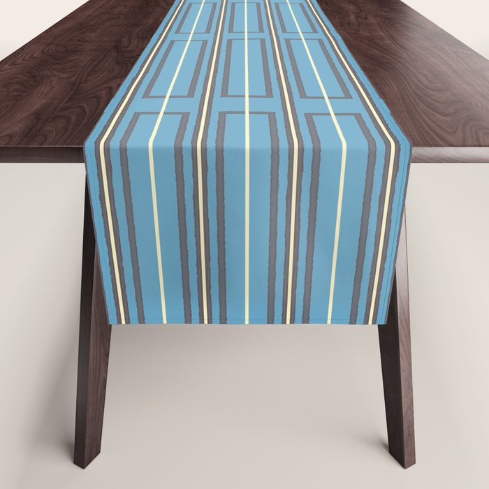 Eclectic Geometric Minimalist Geo Box Striped Pattern in Bold Blue Brown Cream Table Runner Gallery Image 1
