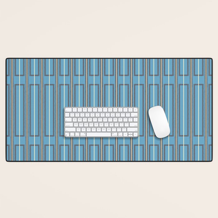 Eclectic Geometric Minimalist Geo Box Striped Pattern in Bold Blue Brown Cream Desk Mat Gallery Image 1