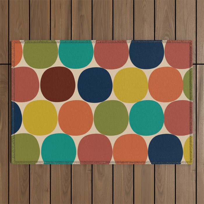 Mod Dots Midcentury Modern Pattern in Mid Mod Turquoise, Orange, Olive, Blue, Mustard, and Beige Outdoor Rug Gallery Image 1