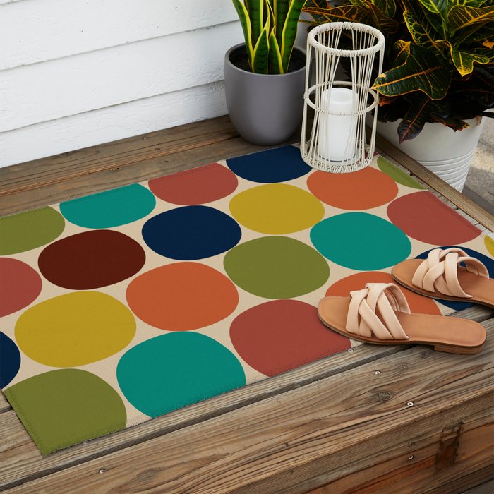 Mod Dots Midcentury Modern Pattern in Mid Mod Turquoise, Orange, Olive, Blue, Mustard, and Beige Outdoor Rug Gallery Image 2