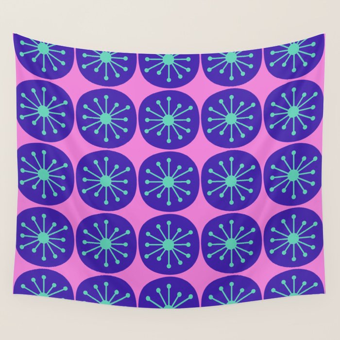 Mid Century Modern Atomic Dots Retro Pattern Purple Pink Wall Tapestry Gallery Image 1