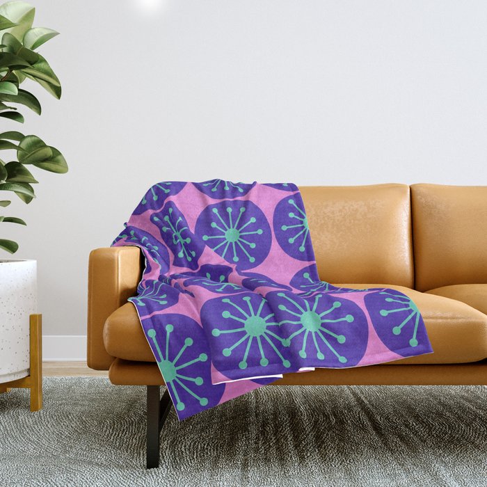 Mid Century Modern Atomic Dots Retro Pattern Purple Pink Throw Blanket Gallery Image 1
