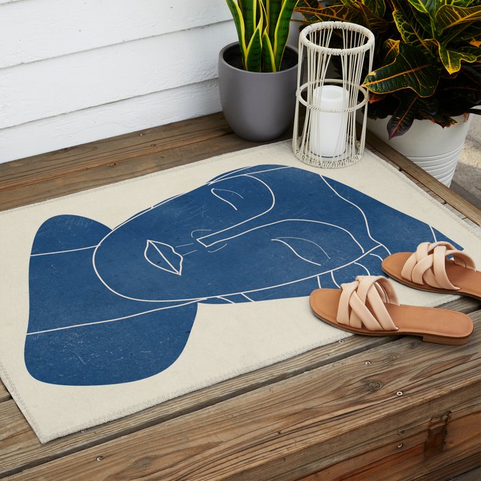 Lady Portrait Minimal Line Art 3 Blue Outdoor Rug Gallery Image 2
