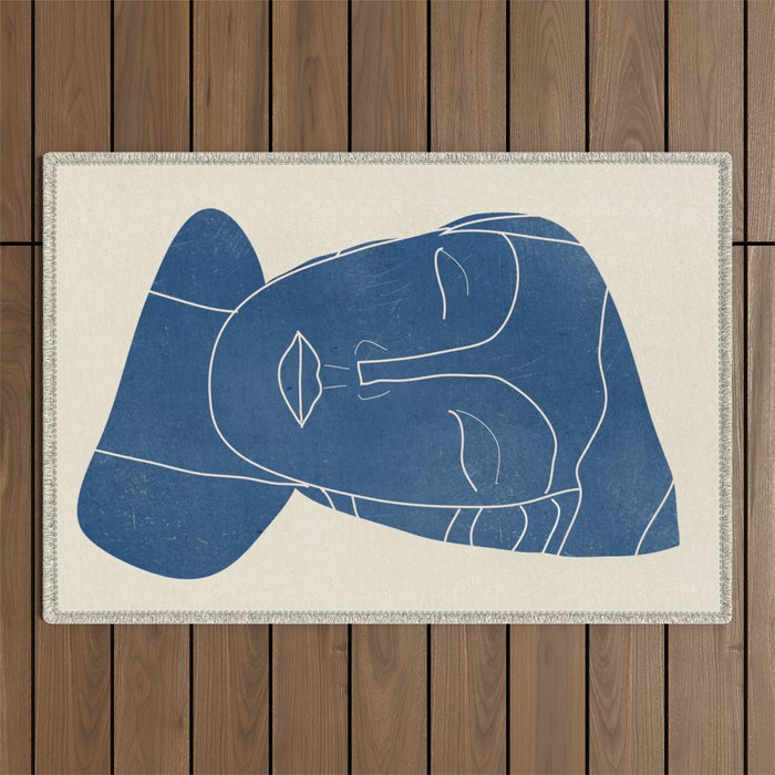 Lady Portrait Minimal Line Art 3 Blue Outdoor Rug Gallery Image 1