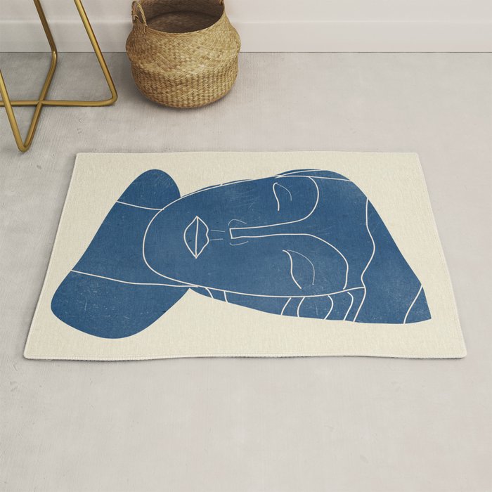Lady Portrait Minimal Line Art 3 Blue Rug Gallery Image 1