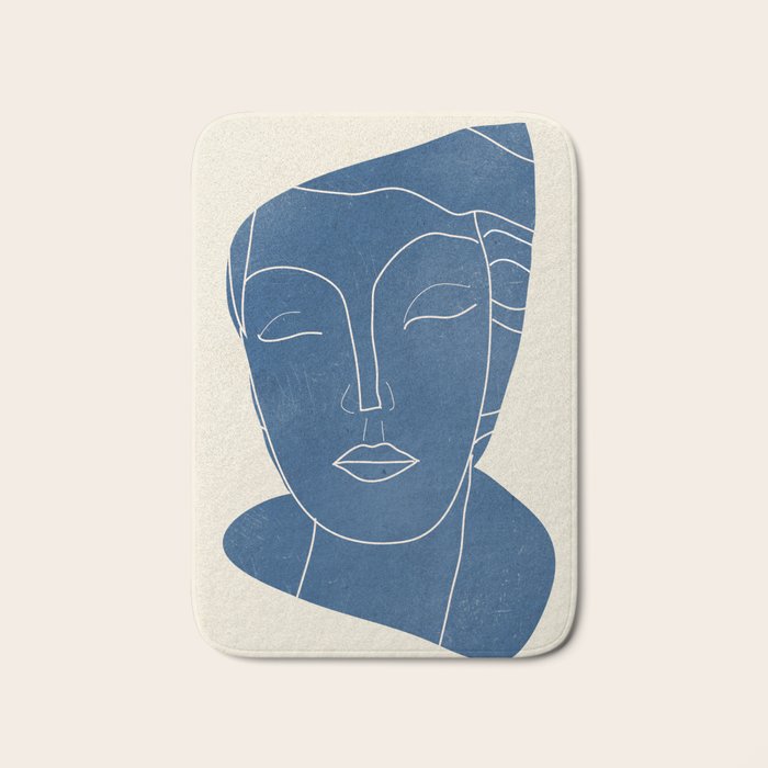 Lady Portrait Minimal Line Art 3 Blue Bath Mat Gallery Image 1