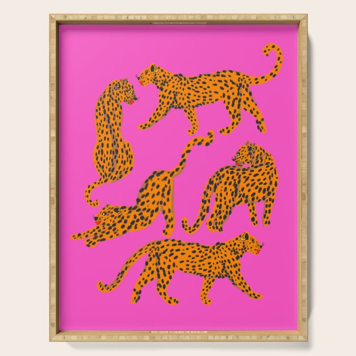 Abstract leopard with red lips illustration in fuchsia background  Serving Tray Gallery Image 1