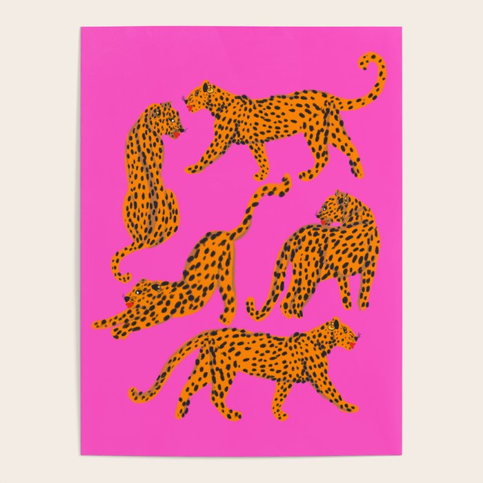 Abstract leopard with red lips illustration in fuchsia background  Poster Gallery Image 1