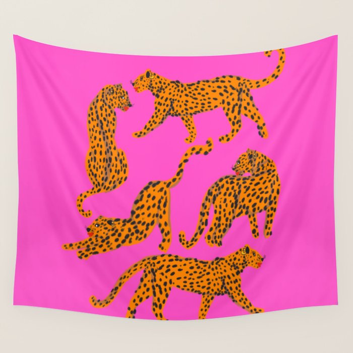 Abstract leopard with red lips illustration in fuchsia background  Wall Tapestry Gallery Image 1