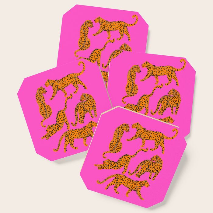 Abstract leopard with red lips illustration in fuchsia background  Coaster Gallery Image 1