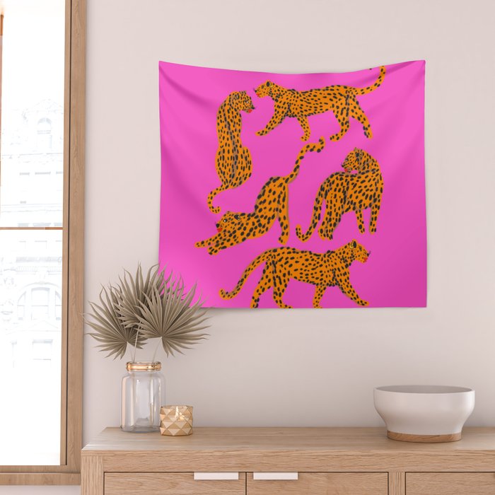 Abstract leopard with red lips illustration in fuchsia background  Wall Tapestry Gallery Image 2