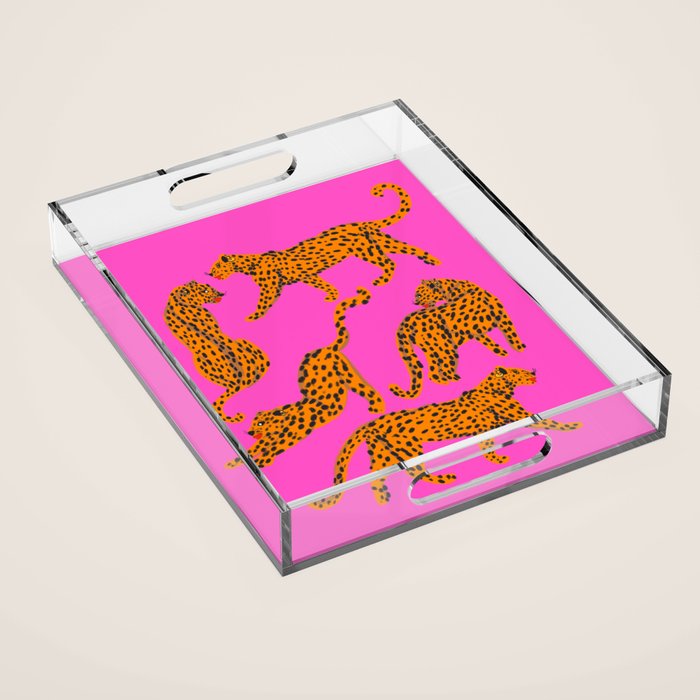 Abstract leopard with red lips illustration in fuchsia background  Acrylic Tray Gallery Image 1
