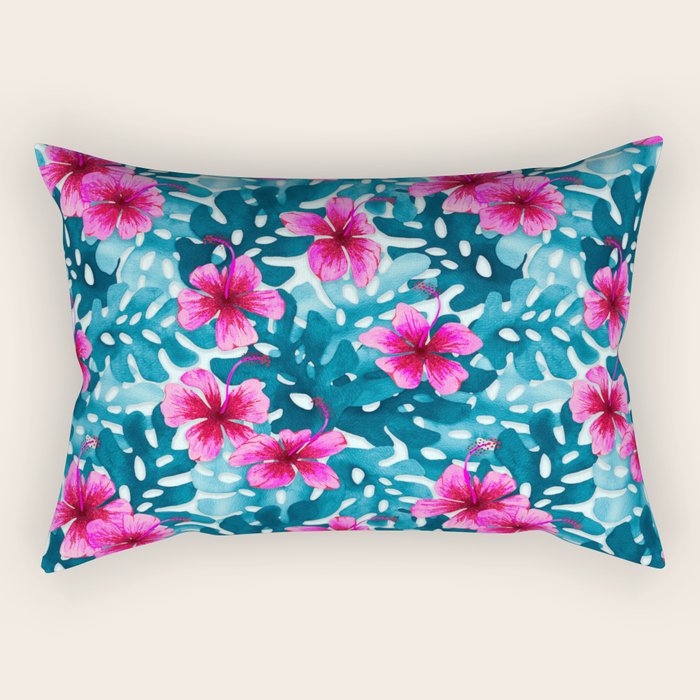 Tropical Hibiscus Pattern Pink Rectangular Pillow Gallery Image 2