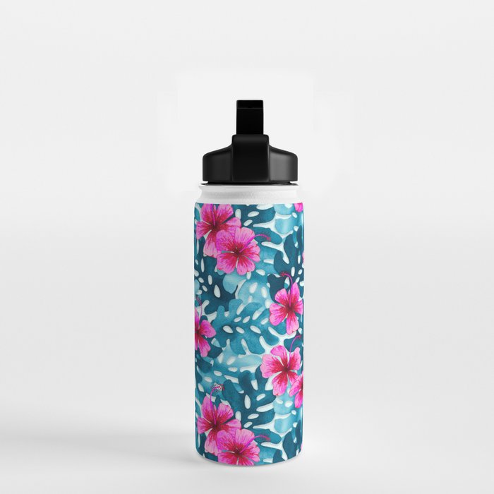 Tropical Hibiscus Pattern Pink Water Bottle Gallery Image 2
