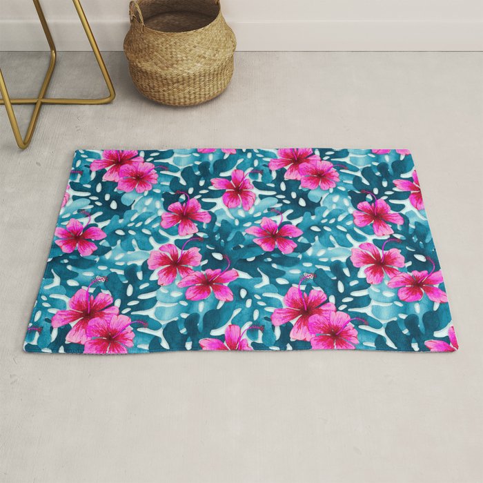 Tropical Hibiscus Pattern Pink Rug Gallery Image 1