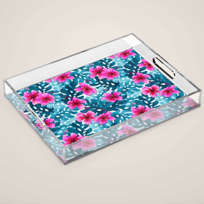 Tropical Hibiscus Pattern Pink Acrylic Tray Gallery Image 1