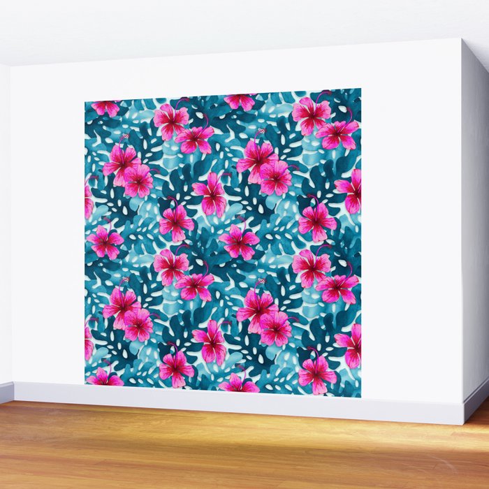 Tropical Hibiscus Pattern Pink Wall Mural Gallery Image 2